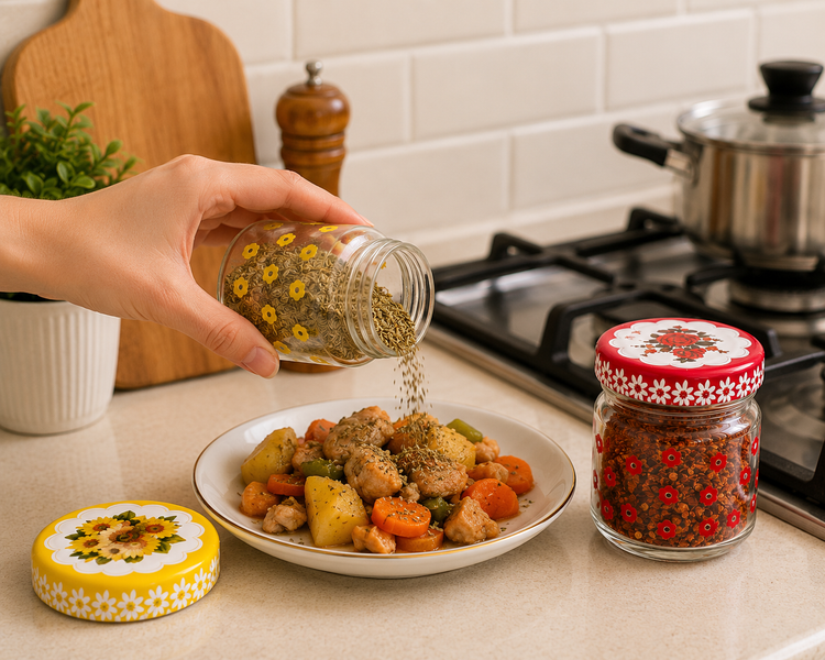 بانکه شیشهای طرح گل درب فلزی مناسب نگهداری ادویه و چاشنی