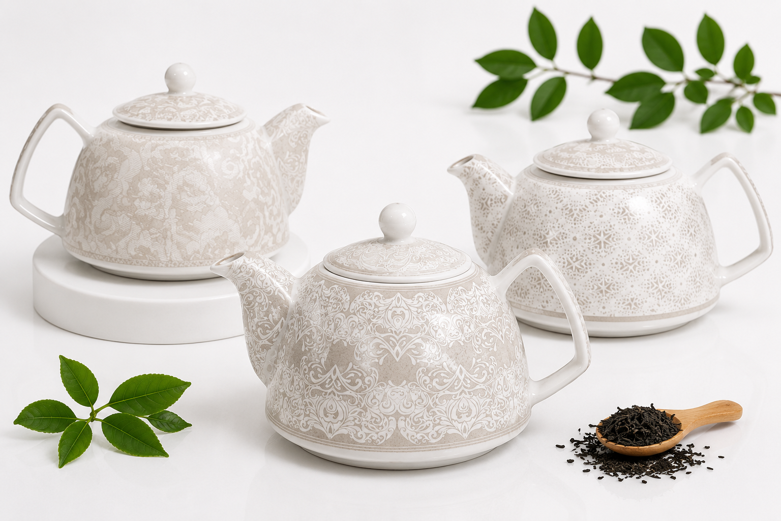 قوری سرامیکی پلاتینی طرح گلستان برجسته