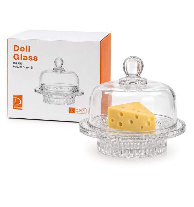 کرهخوری شیشهای طرح کریستال دربدار پایهدار Deli Glass | ظرف سرو کره، پنیر و دسر و عسل