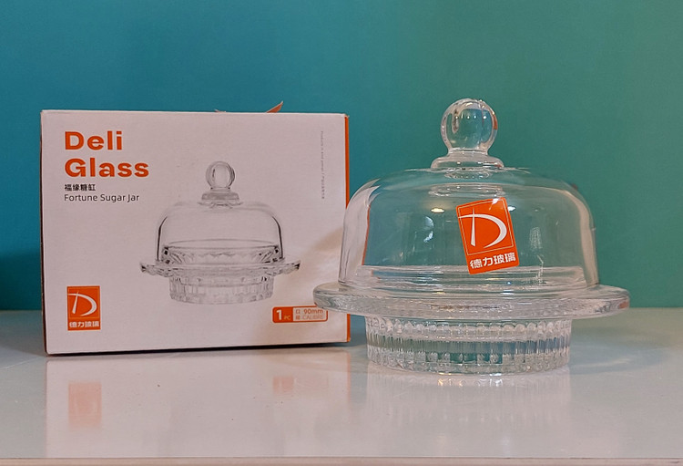 کرهخوری شیشهای طرح کریستال دربدار پایهدار Deli Glass | ظرف سرو کره، پنیر و دسر و عسل