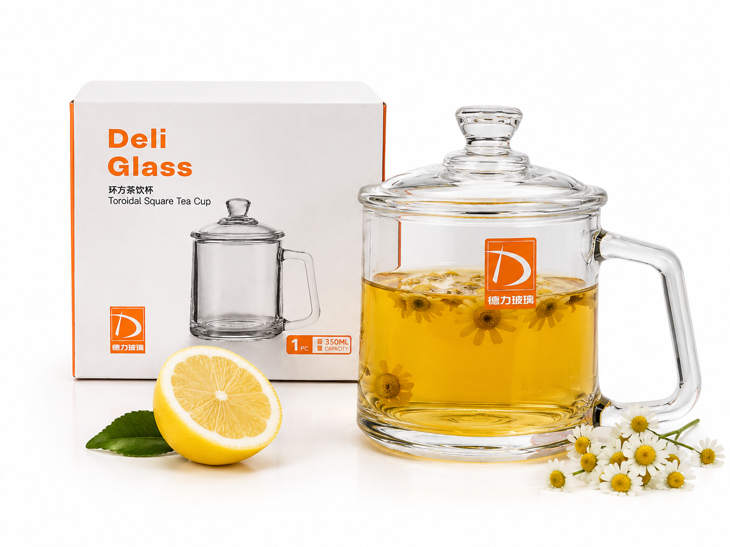 لیوان دمنوش شیشه‌ای درب‌دار Deli Glass مدل Toroidal | ظرفیت ۳۵۰ میلی‌لیتر