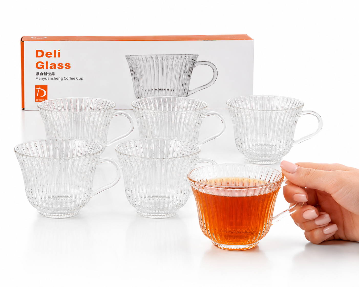 ست ۶ عددی فنجان شیشه‌ای شیاردار دسته‌دار Deli Glass