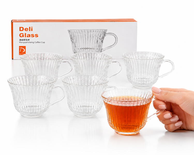 ست ۶ عددی فنجان شیشهای شیاردار دستهدار Deli Glass