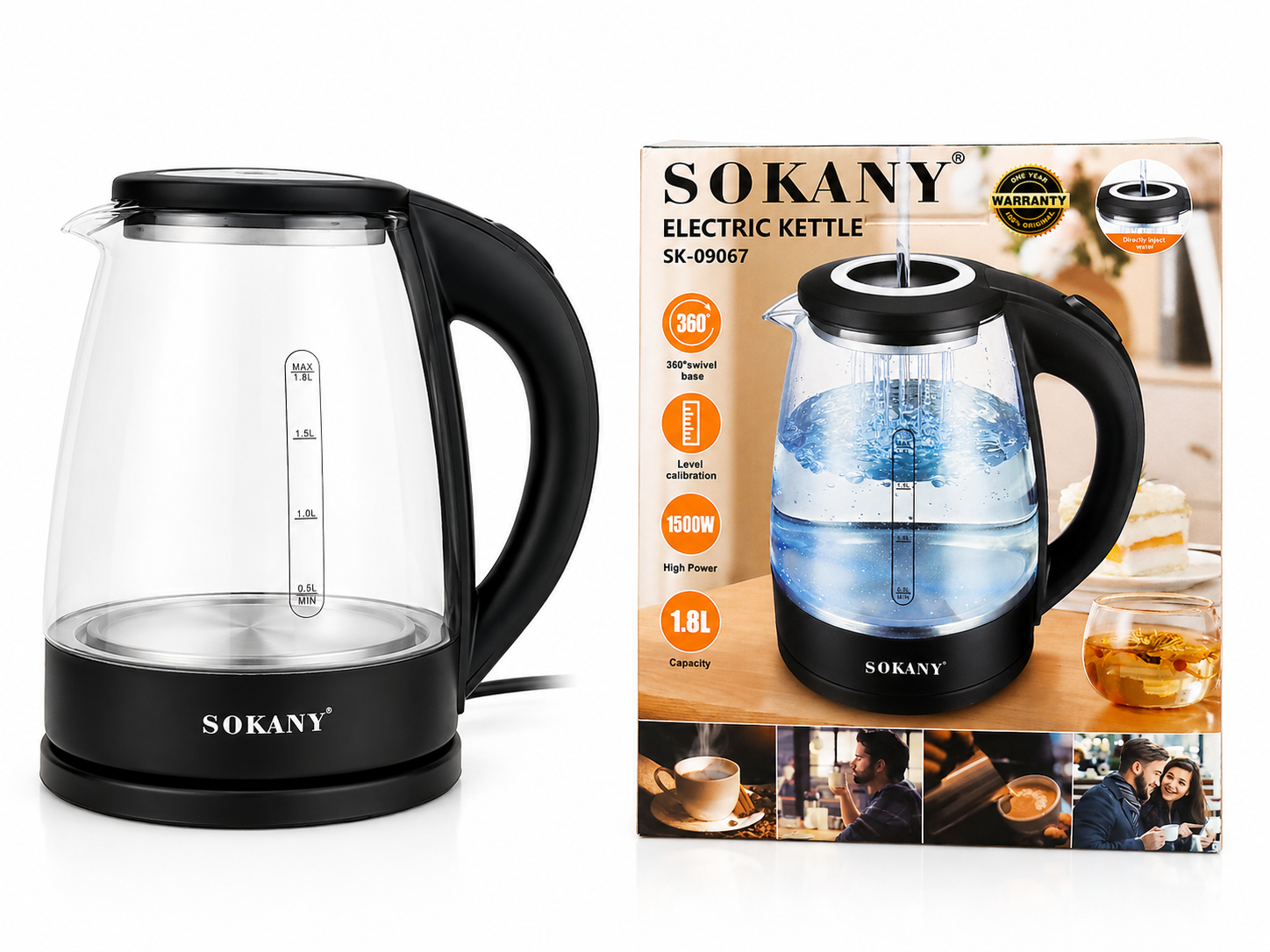 کتری برقی شیشه‌ای سوکانی مدل SK-09067 ظرفیت ۱.۸ لیتر