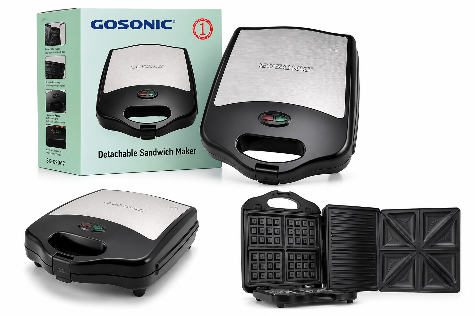 ساندویچ‌ساز چندکاره گوسونیک مدل SK-09067 با صفحات قابل تعویض